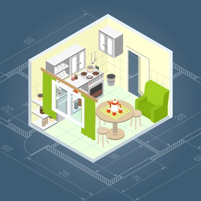 Kitchen interior isometric with 3d home furniture icons vector illustration