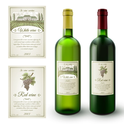 Wine realistic bottles and paper sticky labels set isolated vector illustration
