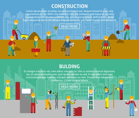 Building and construction with workers and text flat color horizontal banner set isolated vector illustration