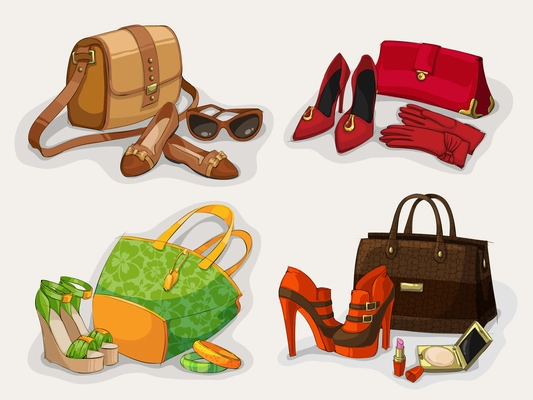 Collection of women fashion bags casual shoes and glamour accessories isolated vector illustration