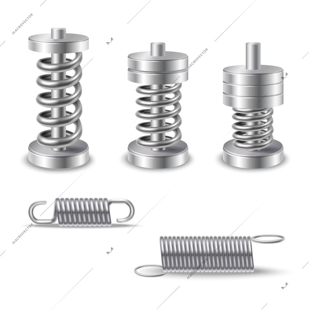 Realistic silver shiny metal springs compression devices isolated vector illustration