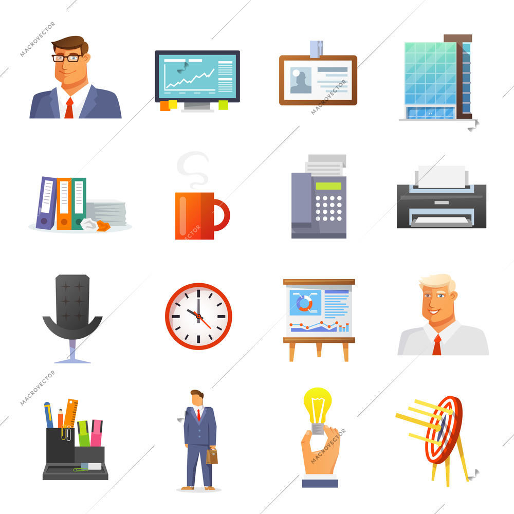 Office icons flat set with businessmen avatars and stationery items isolated vector illustration