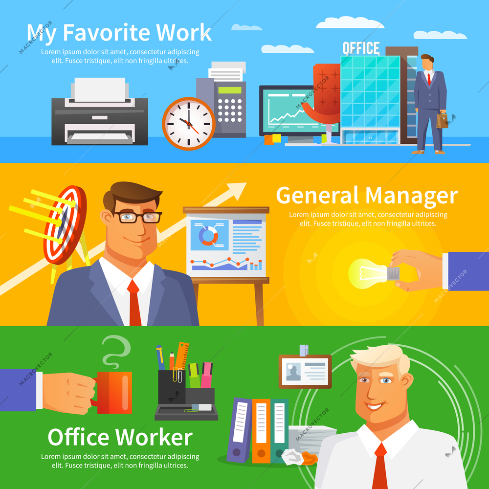 Office horizontal banner set with work items and worker avatars flat isolated vector illustration