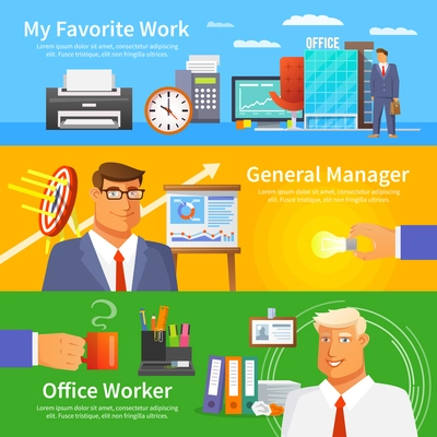 Office horizontal banner set with work items and worker avatars flat isolated vector illustration