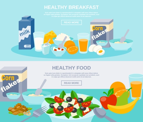 Healthy meal breakfast and food fruit dairy and nature products flat horizontal banner set isolated vector illustration