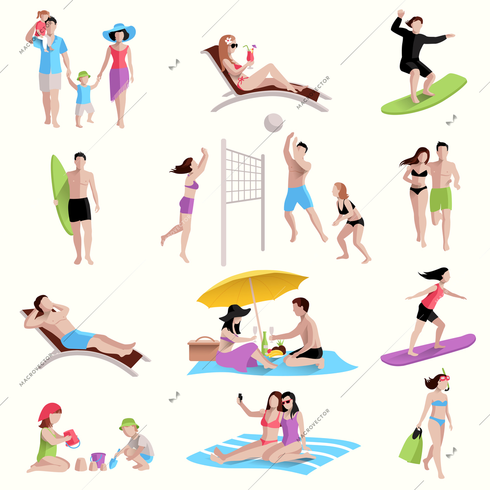 People on beach playing jogging surfing icons set isolated vector illustration