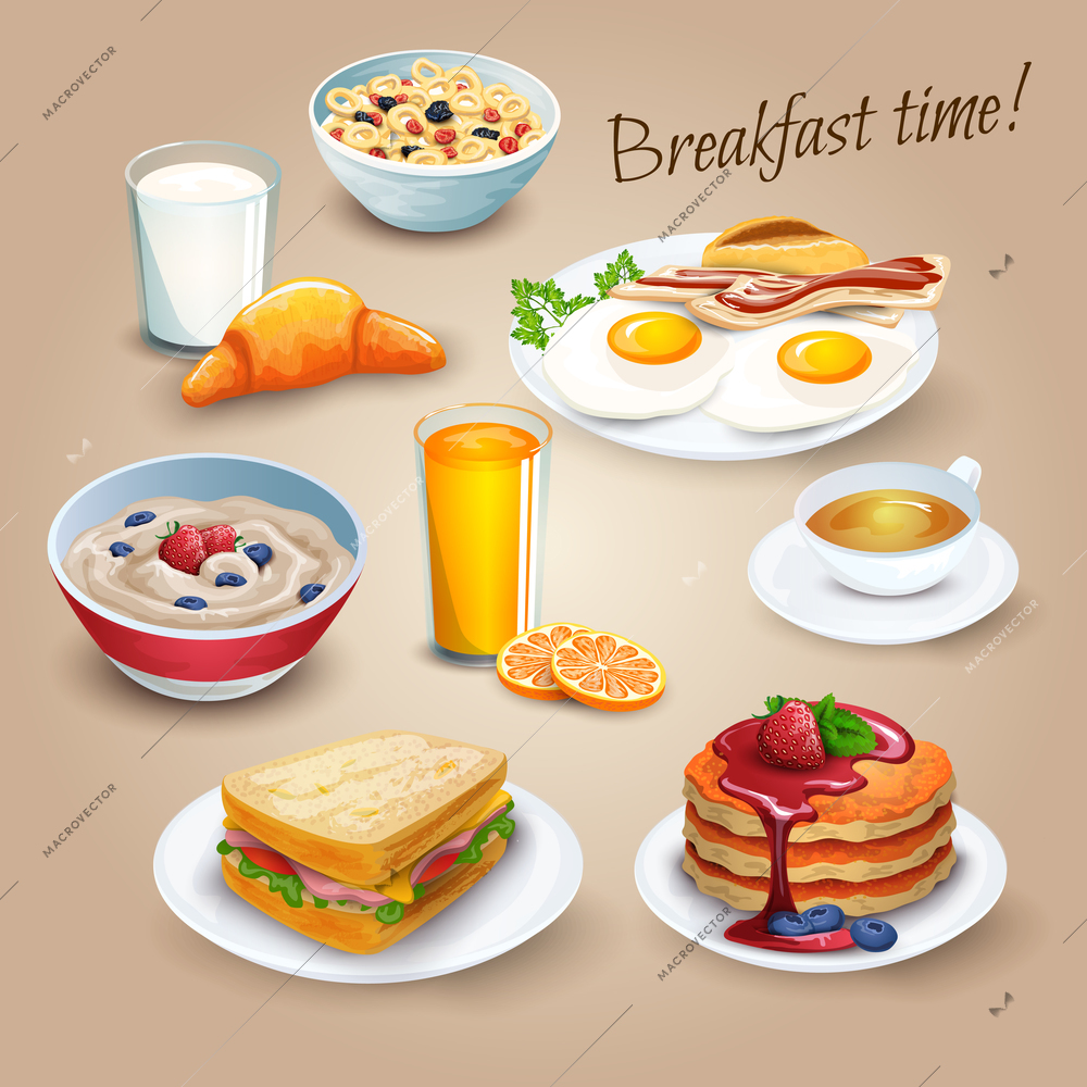 Classical hotel breakfast menu poster with fried eggs bacon and orange juice realistic pictograms composition vector illustration