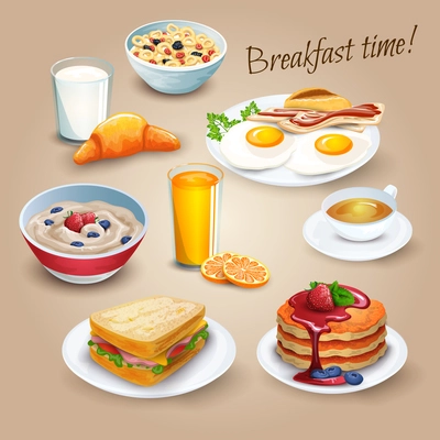 Classical hotel breakfast menu poster with fried eggs bacon and orange juice realistic pictograms composition vector illustration