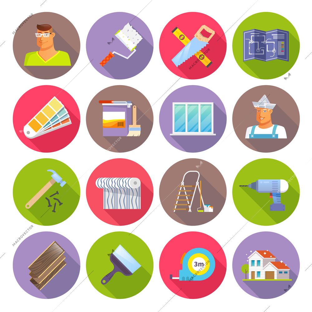 Renovation flat icons set with diy tools isolated vector illustration
