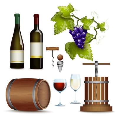 Traditional vinery farm production with  grape press and red wine bottle flat icons collection abstract vector illustration