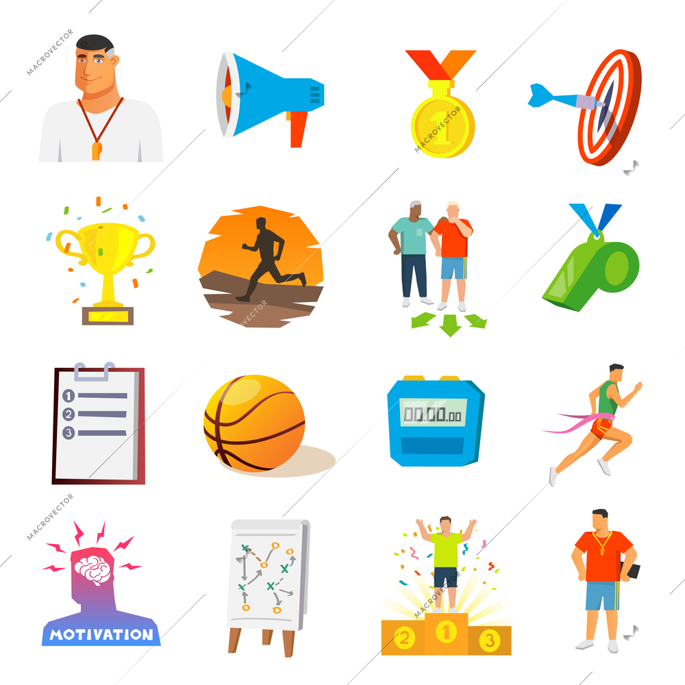 Coaching and sport competition flat icons set isolated vector illustration