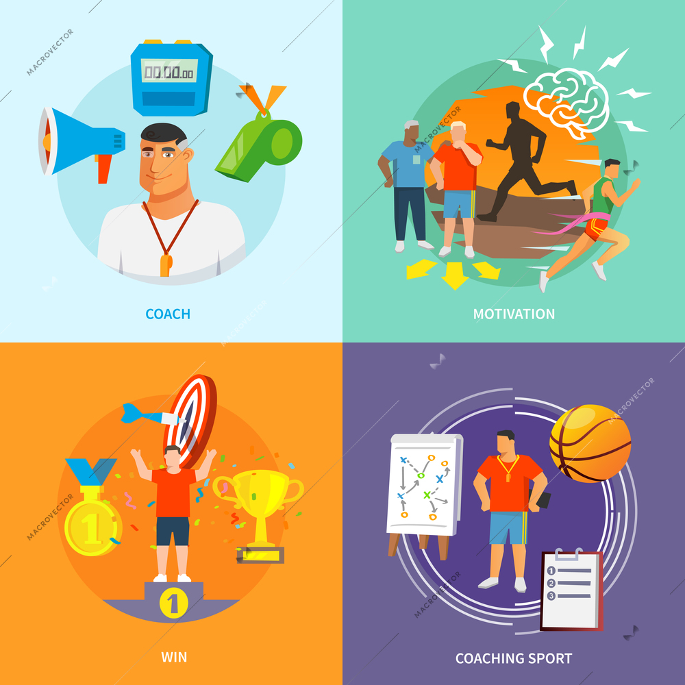 Coaching sport design concept set with motivation flat icons set isolated vector illustration