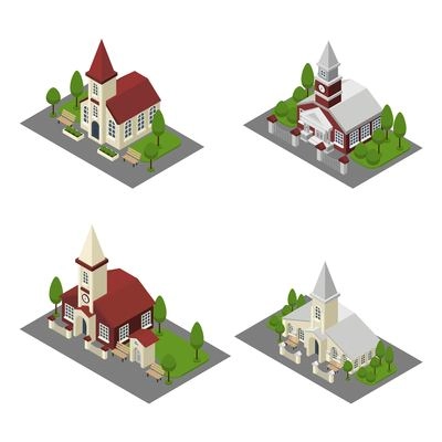 Church 3d building and isometric cathedrals and chapels isolated vector illustration