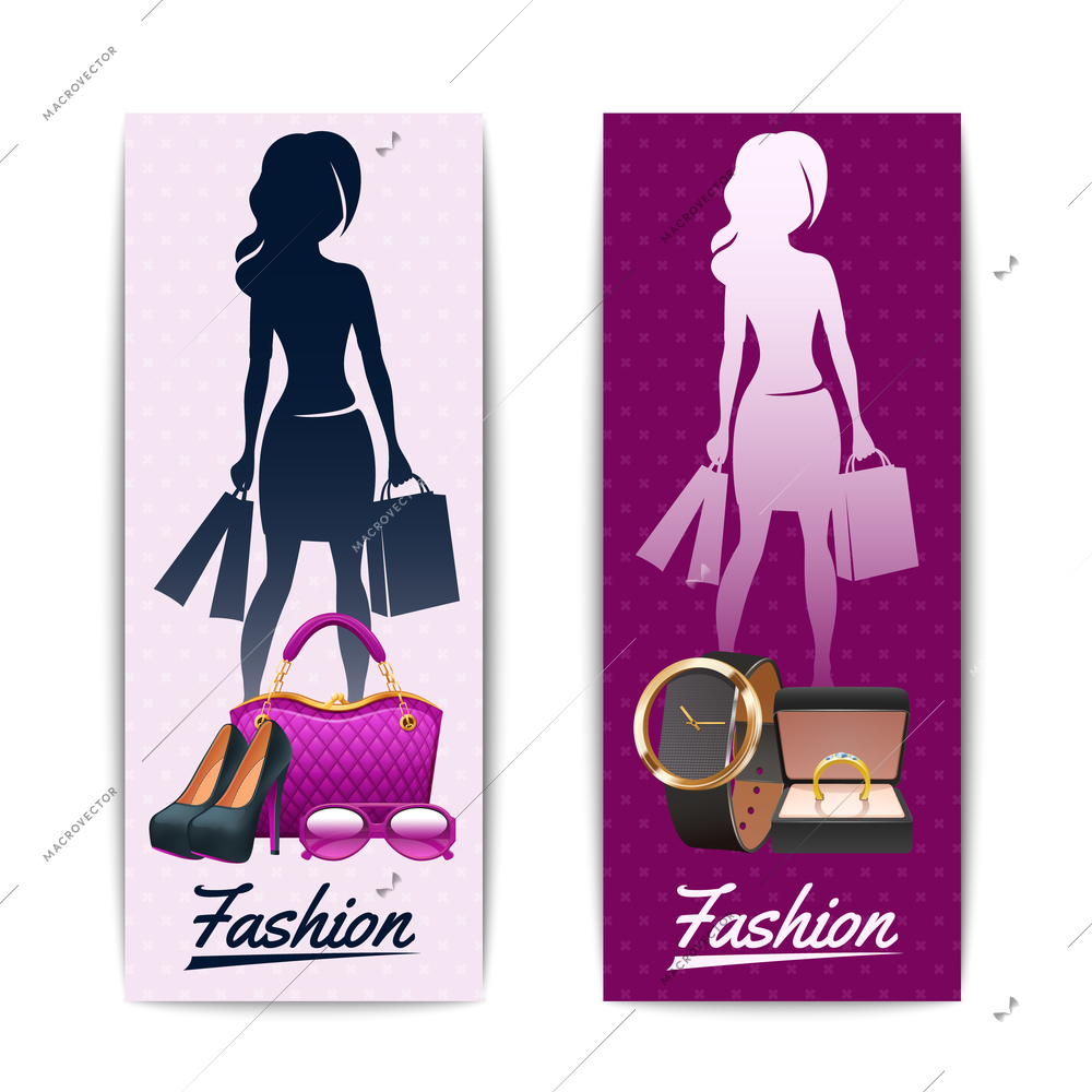 Woman shopping silhouette vertical banners with fashion accessories and jewelry isolated vector illustration