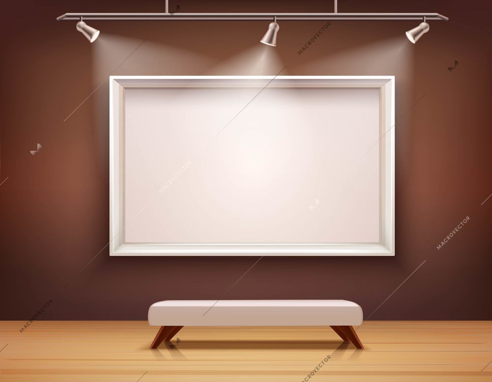 Art gallery interior with white picture frame and bench vector illustration