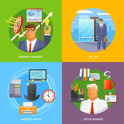 Office design concept set with worker and manager avatars flat isolated vector illustration