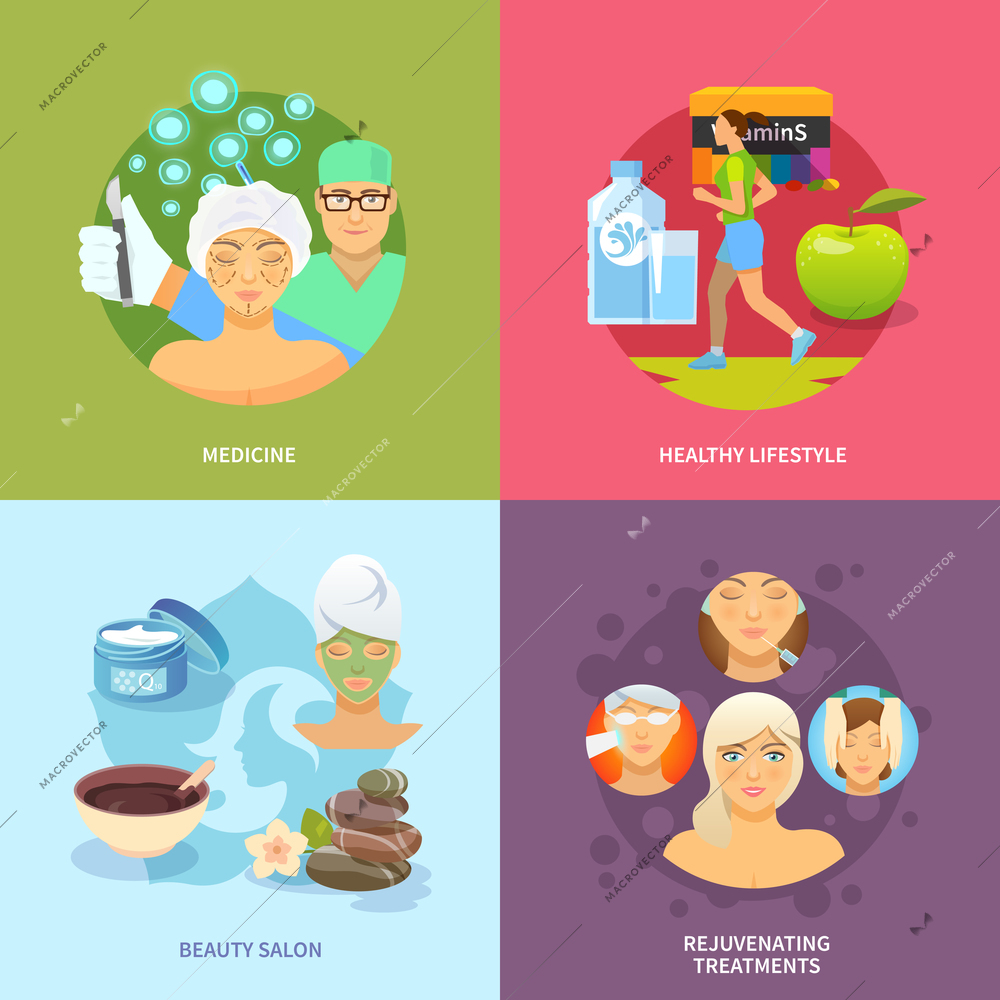 Rejuvenation procedures design concept set with medicine and healthy lifestyle flat icons isolated vector illustration