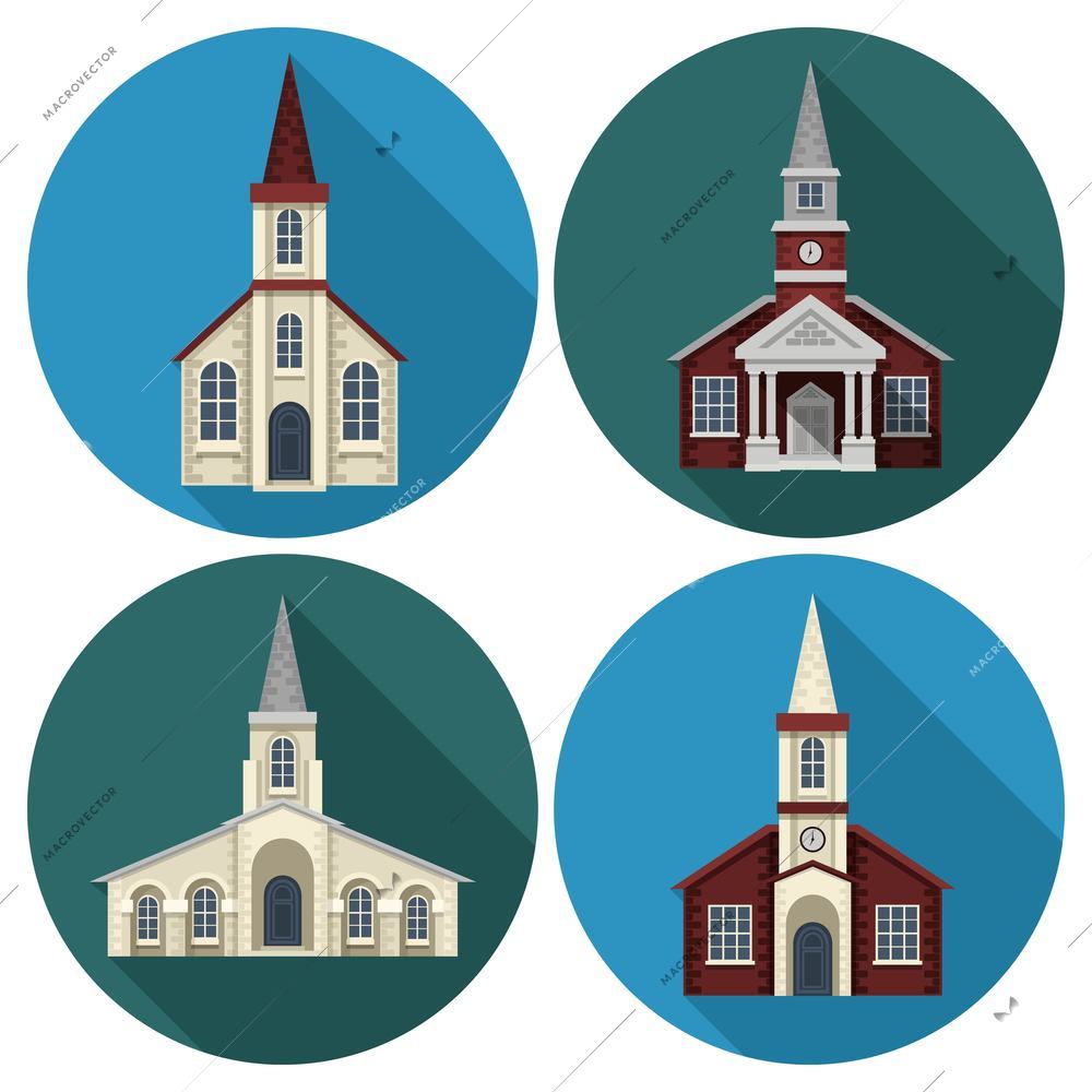 Church building flat round long shadow icons set isolated vector illustration