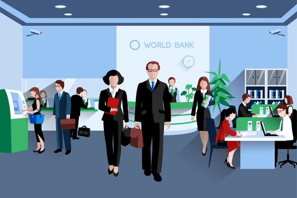 Customers and staff people in bank interior flat vector illustration