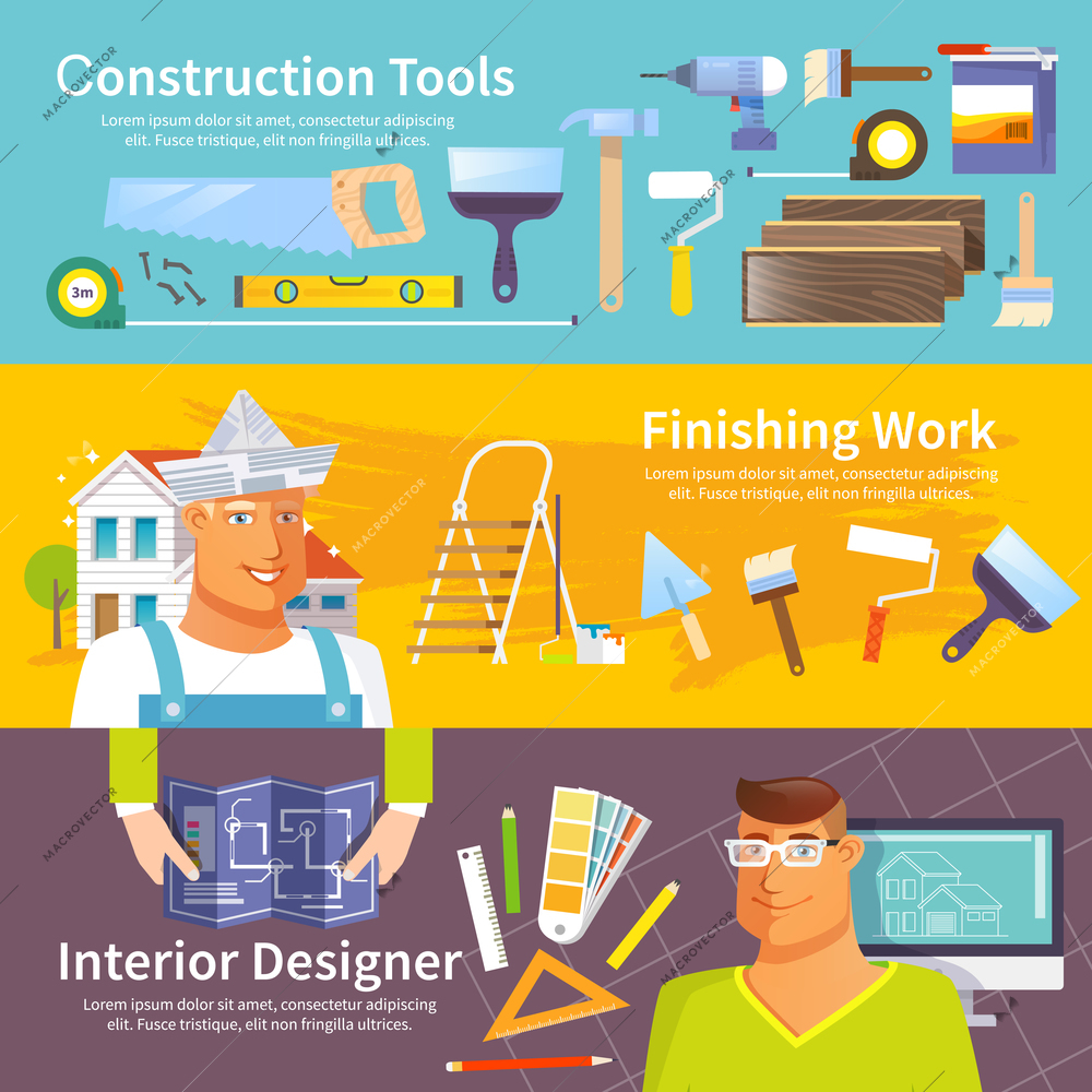 Renovation horizontal banner set with construction tools elements isolated vector illustration