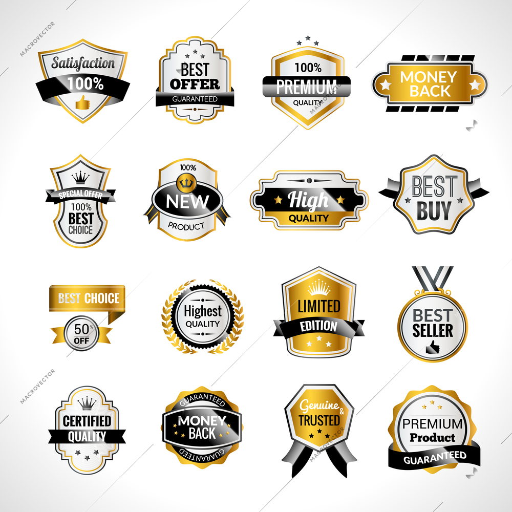 Luxury product sale labels gold and black set isolated vector illustration