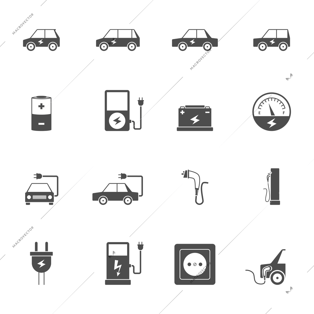 Electric car transport and charging station with socket and wire flat black icon set isolated vector illustration