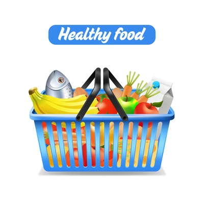 Supermarket shopping basket full of healthy food isolated on white background vector illustration