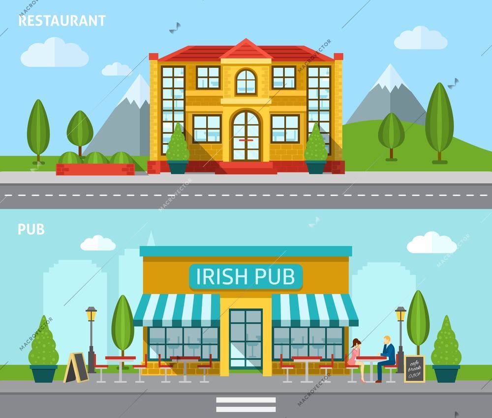 Cafe building front view flat horizontal banner set isolated vector illustration