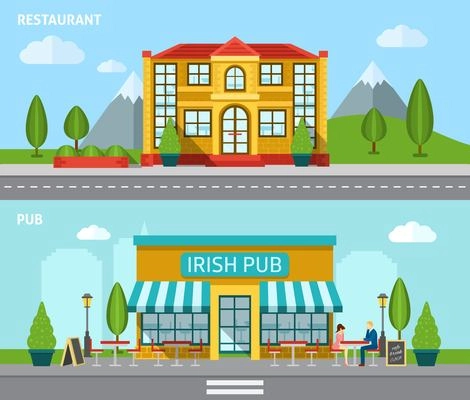 Cafe building front view flat horizontal banner set isolated vector illustration