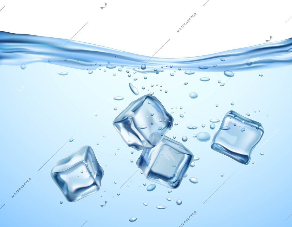 Realistic blue ice cubes floating in transparent water vector illustration