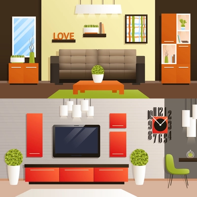 Living room horizontal banner set with flat furniture isolated vector illustration