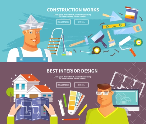 Renovation horizontal banner set with interior design and construction works elements isolated vector illustration