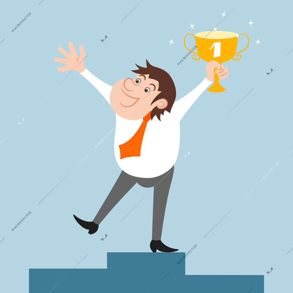 Happy businessman character won trophy success celebration vector illustration