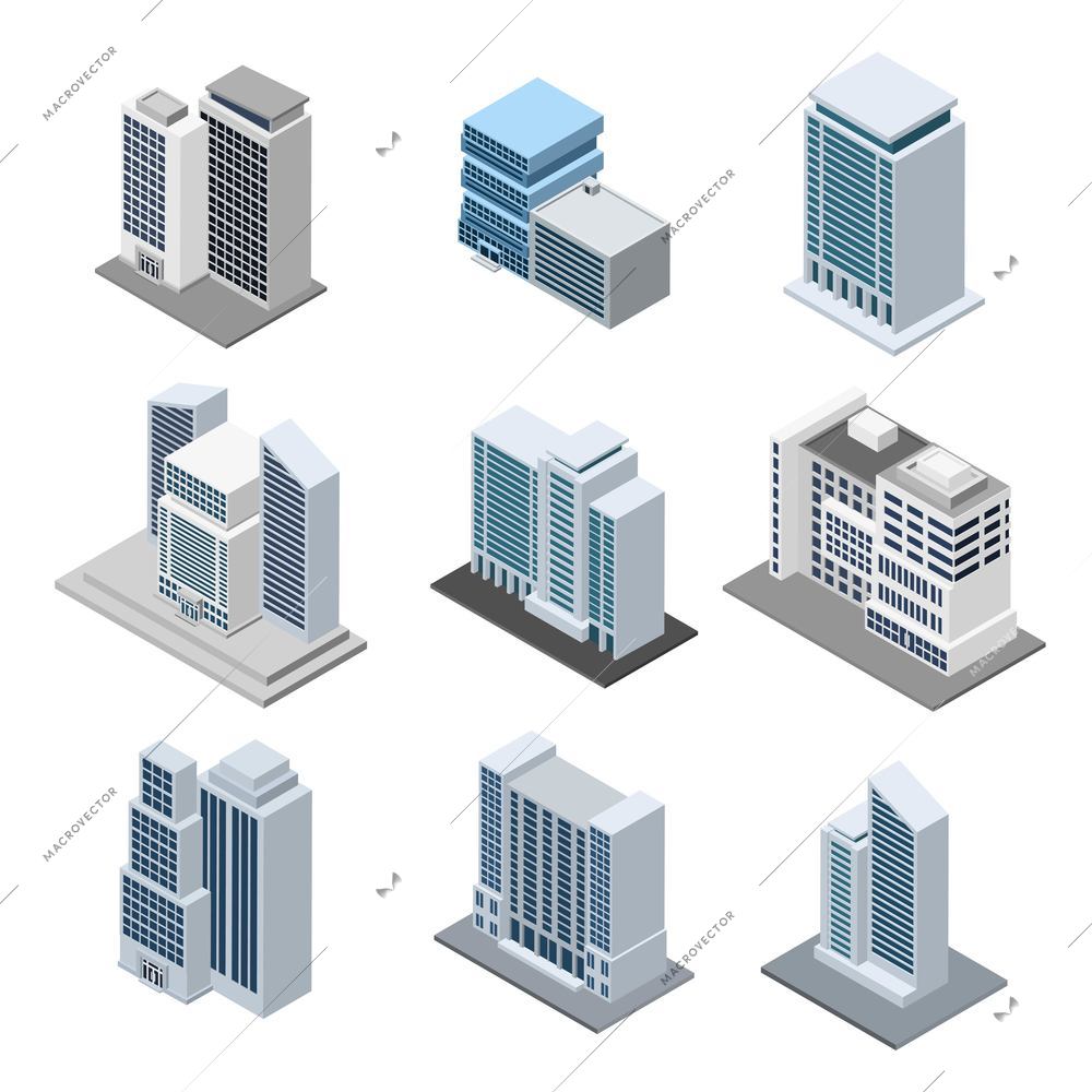 Office building isometric with 3d skyscrapers icons isolated vector illustration