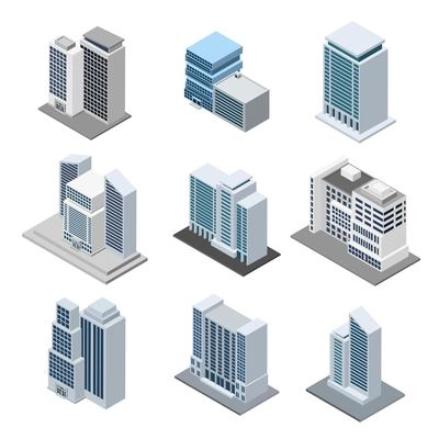 Office building isometric with 3d skyscrapers icons isolated vector illustration