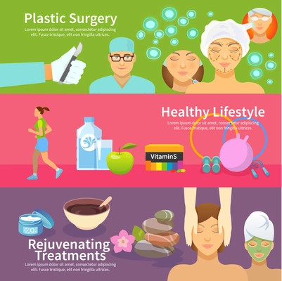 Rejuvenation horizontal banner set with plastic surgery treatments and healthy lifestyle flat elements isolated vector illustration