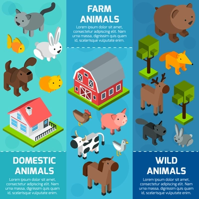 Vertical banner set with isometric wild farm and domestic animals isolated vector illustration
