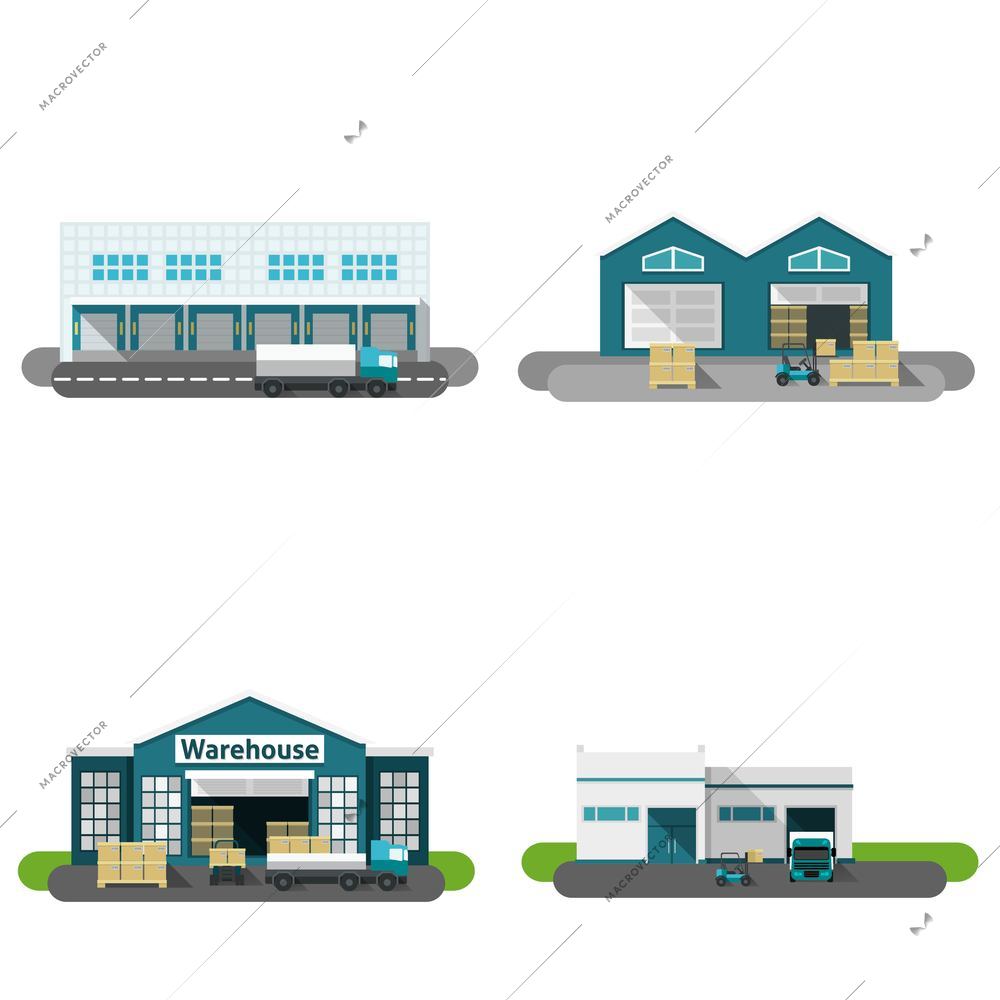 Warehouse building flat icons set with transportation vehicles isolated vector illustration