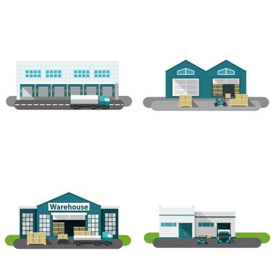 Warehouse building flat icons set with transportation vehicles isolated vector illustration