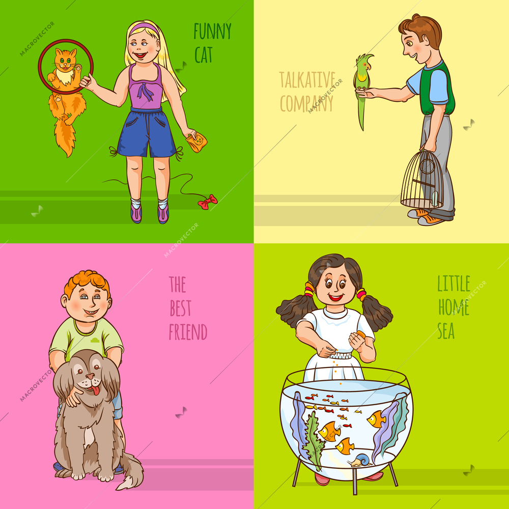 Childs and their pets with short fun comment color cartoon decorative icon set vector illustration