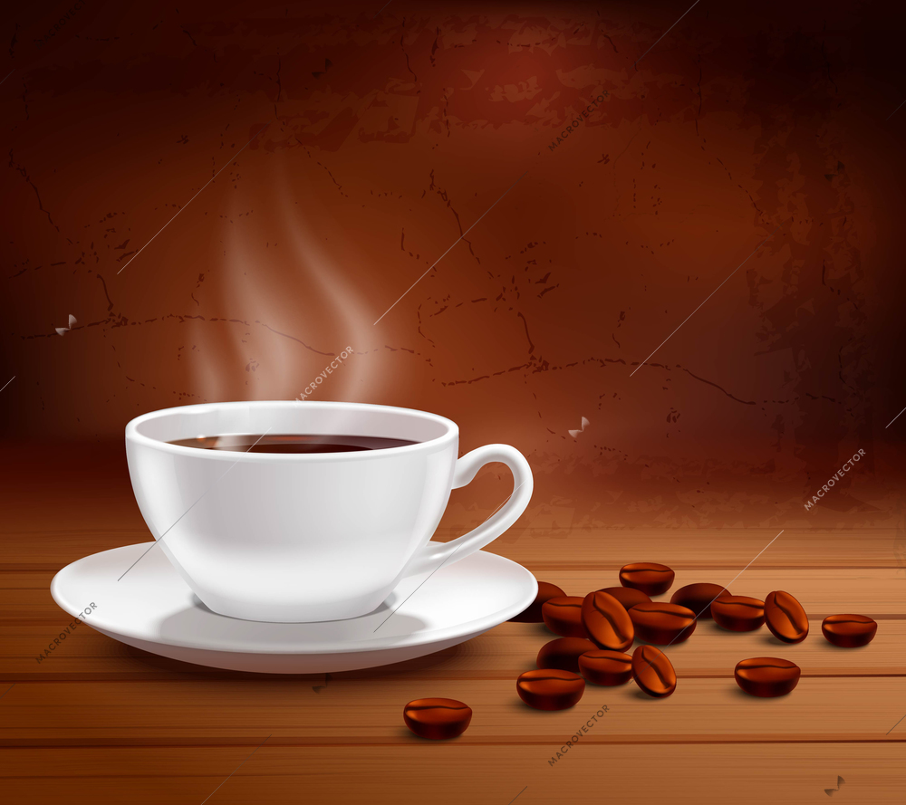 Coffee poster with realistic white porcelain cup on textured background vector illustration