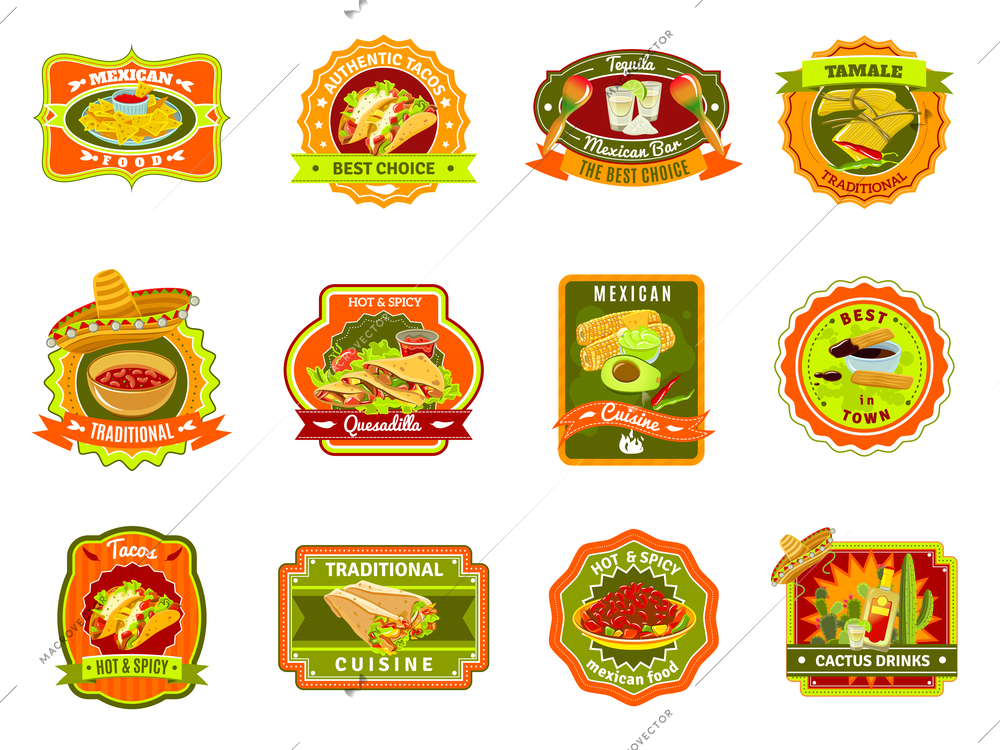 Mexican traditional food cafe restaurant and bar flat bright color emblem set isolated vector illustration