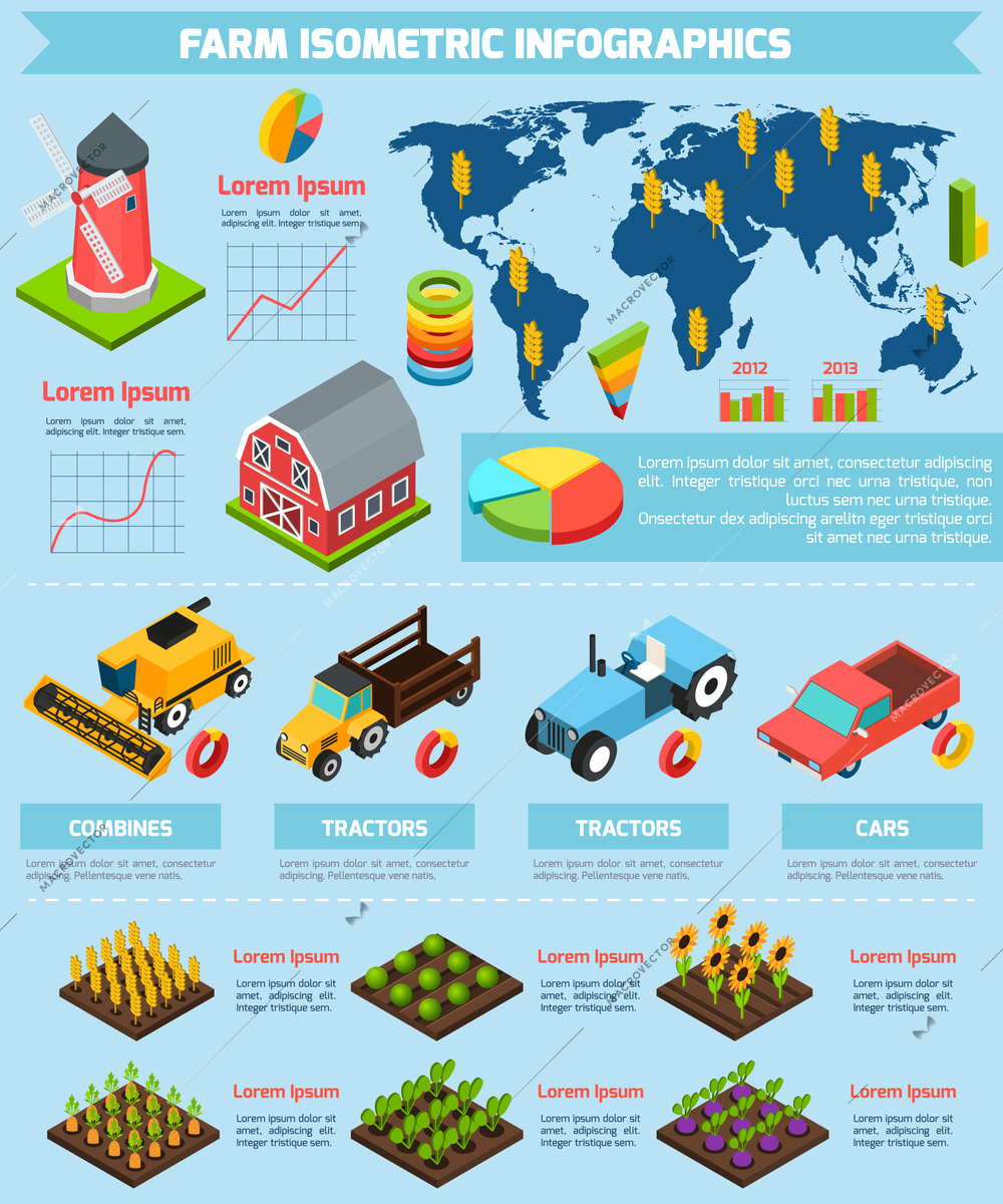 Modern international farming agricultural production facilities and equipment statistic analysis infographic report presentation abstract isometric vector illustration