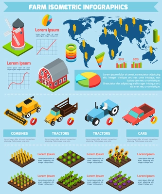 Modern international farming agricultural production facilities and equipment statistic analysis infographic report presentation abstract isometric vector illustration