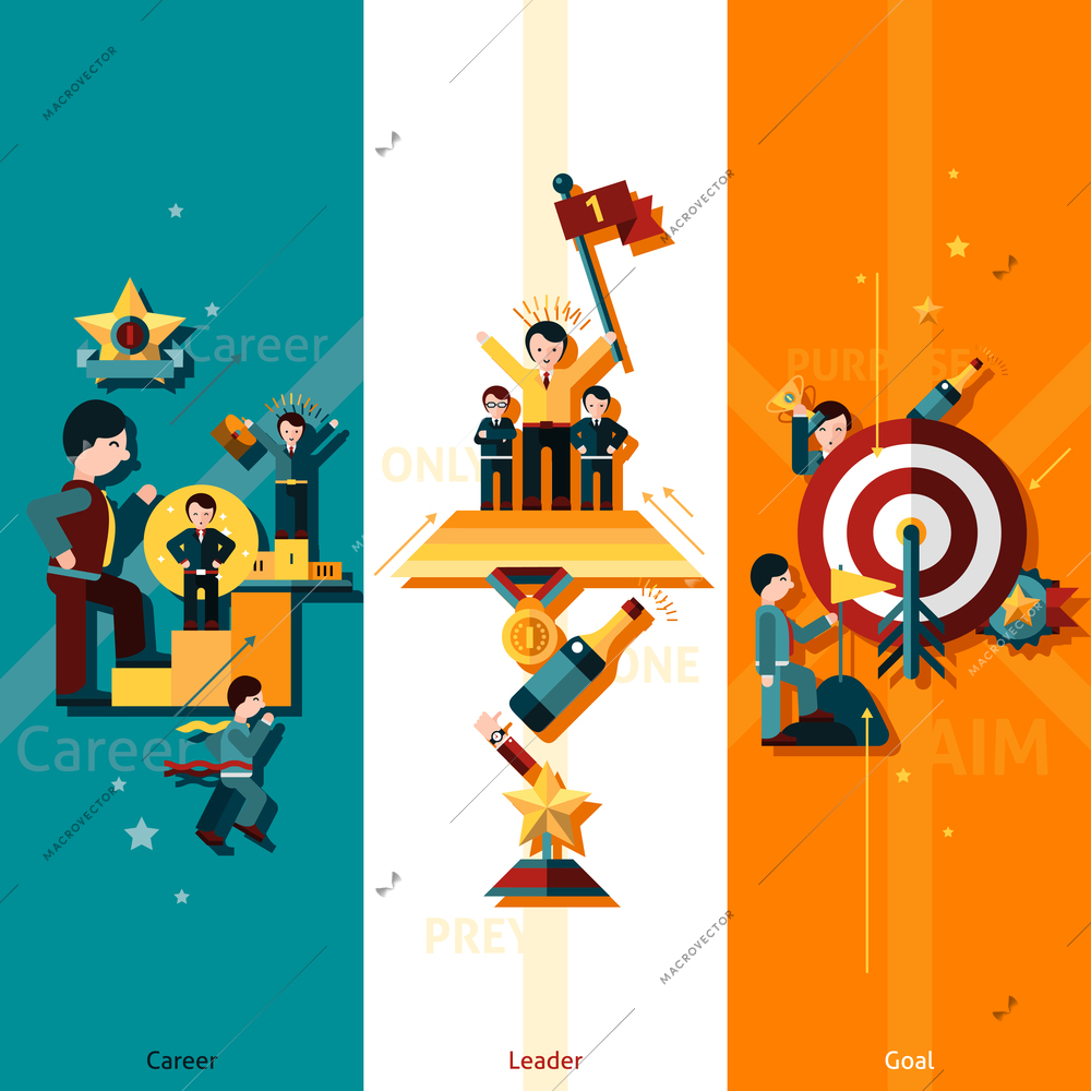 Success vertical banner set with career leader goal flat elements isolated vector illustration