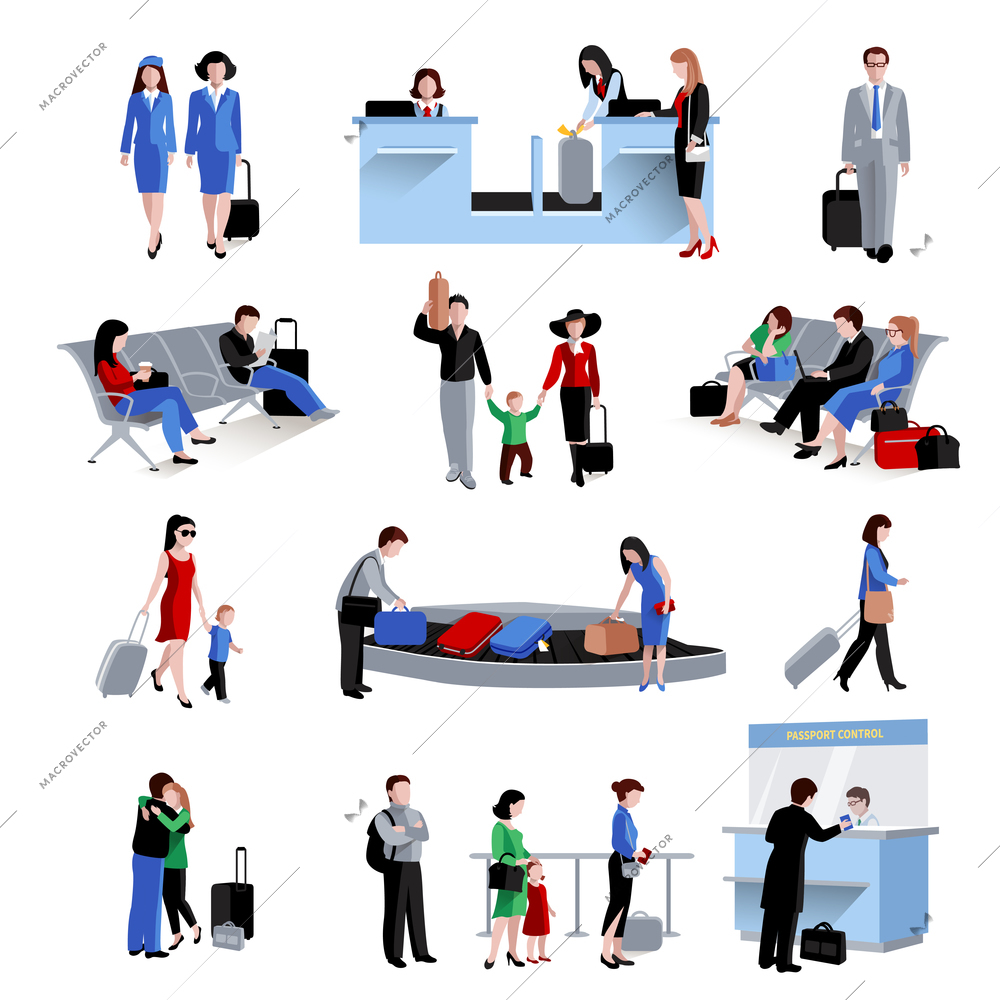 People in airport lounge flat icons set isolated vector illustration