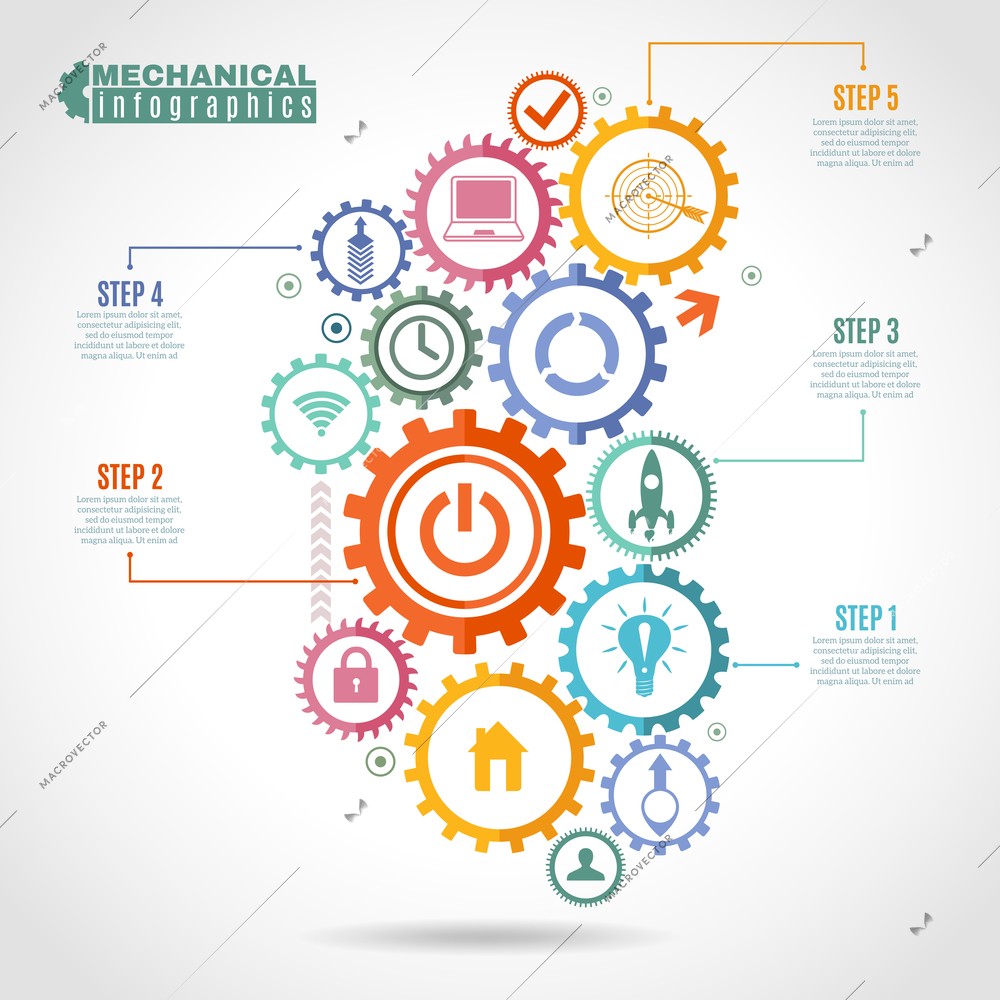 Color mechanism infographic with integrated gears and icons for digital internet connect social and global vector illustration