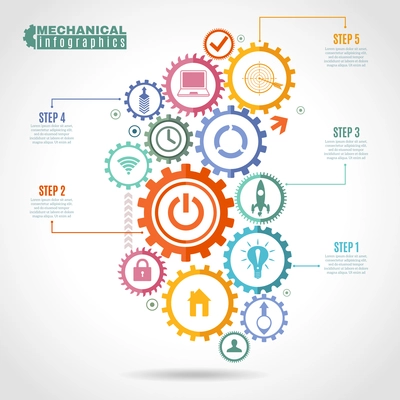 Color mechanism infographic with integrated gears and icons for digital internet connect social and global vector illustration