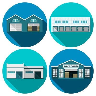 Warehouse building flat long shadow icons set isolated vector illustration