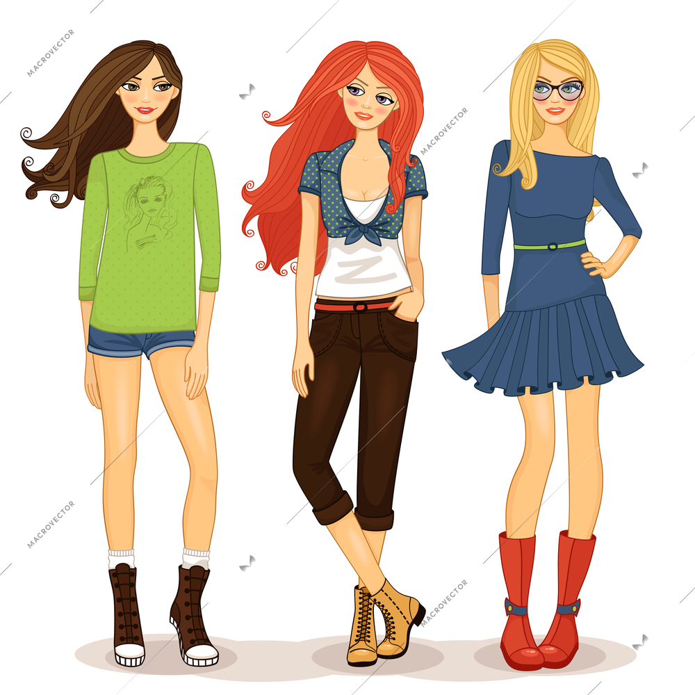 Set of friendly girls vector illustration isolated